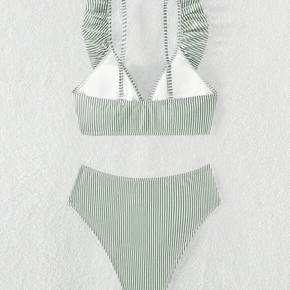 Green Women's Swim Summer Beach Striped Ruffle Trim Bikini Swimsuit